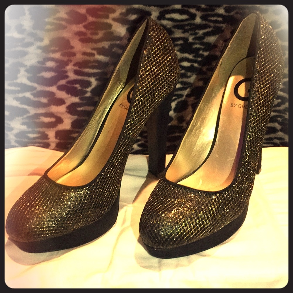 G by Guess Shimmer Gold and Black suede Heels